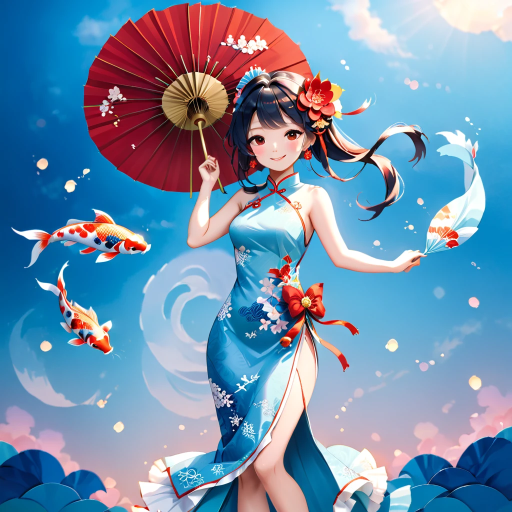 (paper art, Quilted paper art, 3D), (whole body:1.5),1 Cheongsam woman,Shy, fit,Perfect proportions,Exquisite hair accessories, Smile,Oriental elements,Simple background, China red,sky blue, (soft light, Bokeh),Dancing with Koi
