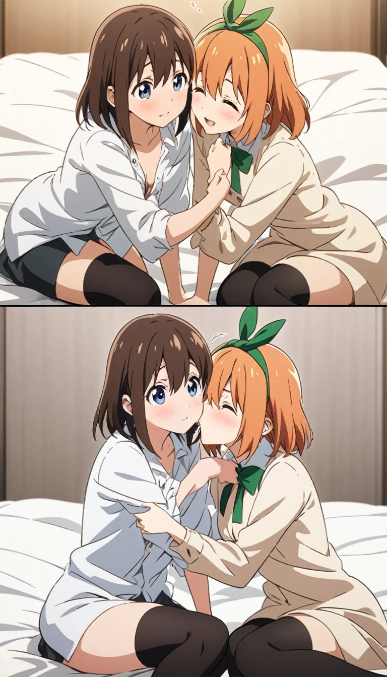 The two women, Yotsuba Nakano and Miku Nakano are portrayed with soft, rounded facial features and large, expressive blue eyes, a hallmark of anime art.
One woman has long, dark brown hair, adding to  shy demeanor.
The other woman has short, light brown or orange hair adorned with a large green bow, giving her a more cheerful and approachable
Both characters are dressed in loose, white button-up shirts, which are unbuttoned, suggesting a casual or intimate setting. One character also wears black thigh-high stockings, adding a touch of elegance and sensuality to the scene
The women are in a close embrace, kissing, saliva trail, sitting on what appears to be a bed with white sheets, enhancing the intimate atmosphere.
Their expressions are gentle and affectionate, with a hint of shyness and warmth. They are leaning towards each other, almost touching foreheads, suggesting a moment of tenderness or closeness.