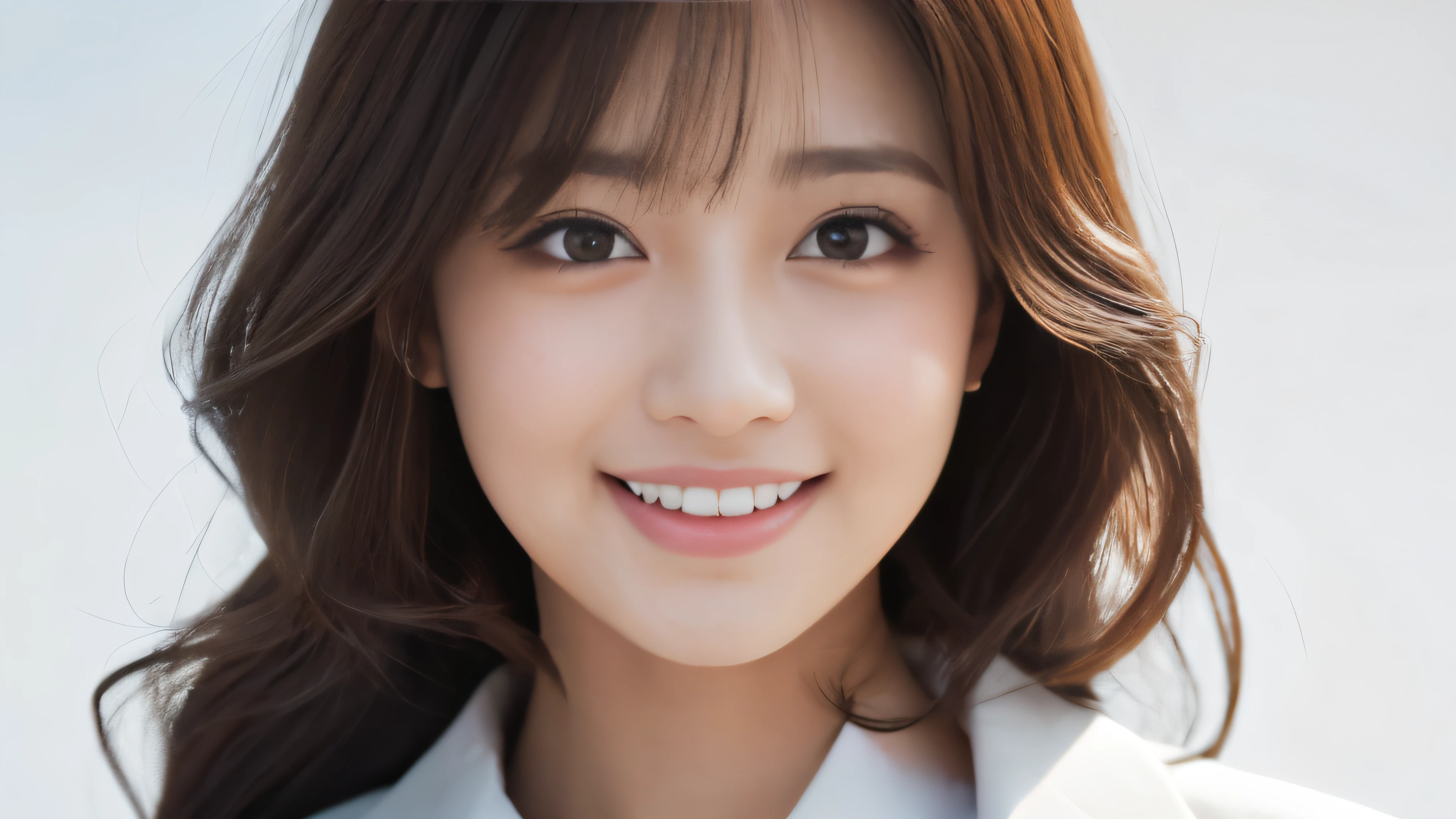 (Realistic: 1.4), (highest quality: 1.4), (fine grain), Full Body Shot, ((White background)), ((One Young Woman)), Black wavy hair, ((suit)), Big eyes, Blushed, ((smile)), Highly detailed face and skin texture, Healthy Skin, 8K resolution