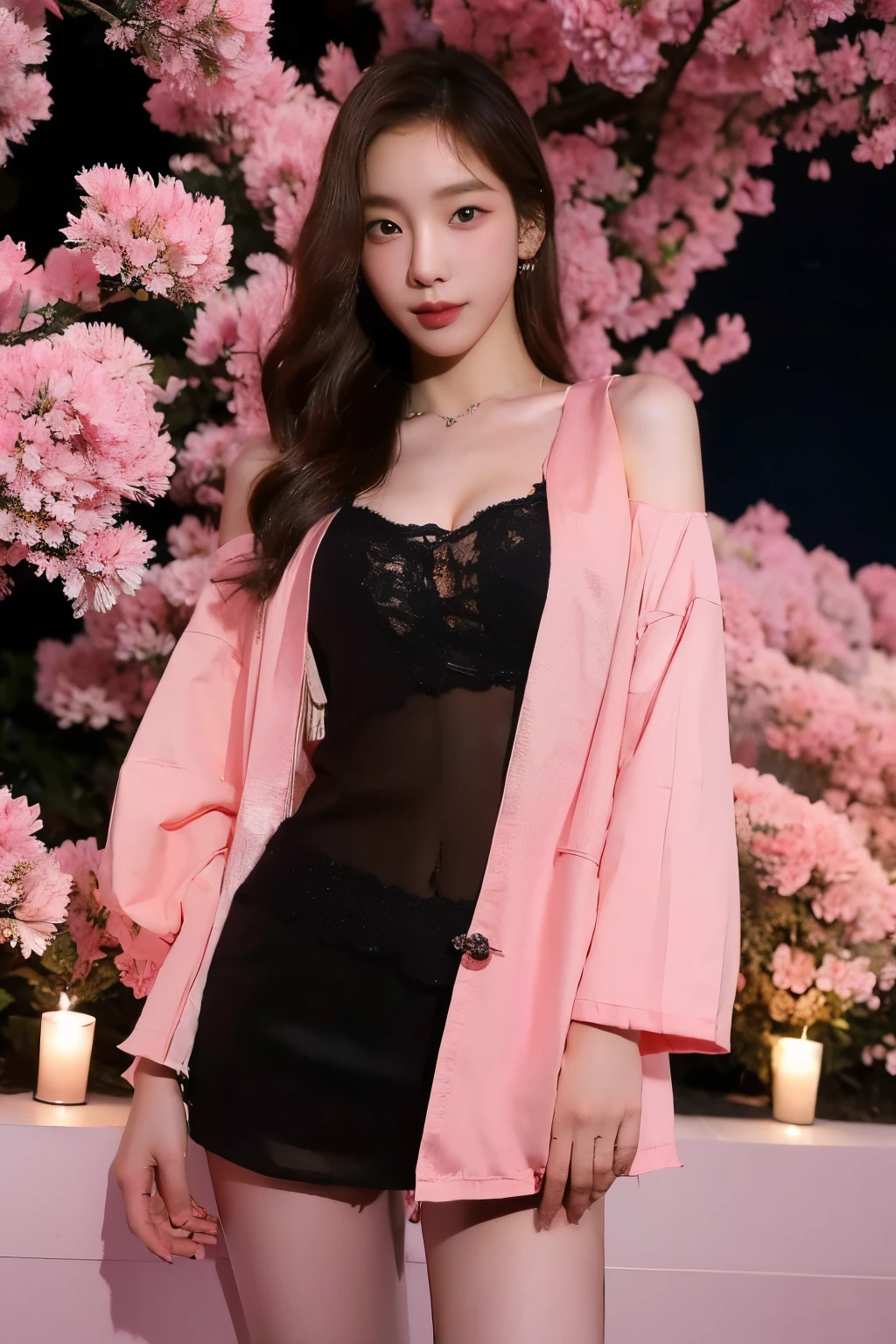 A Korean girl show their cute love in sakura blossom night festival use Sexy tradisional sutra