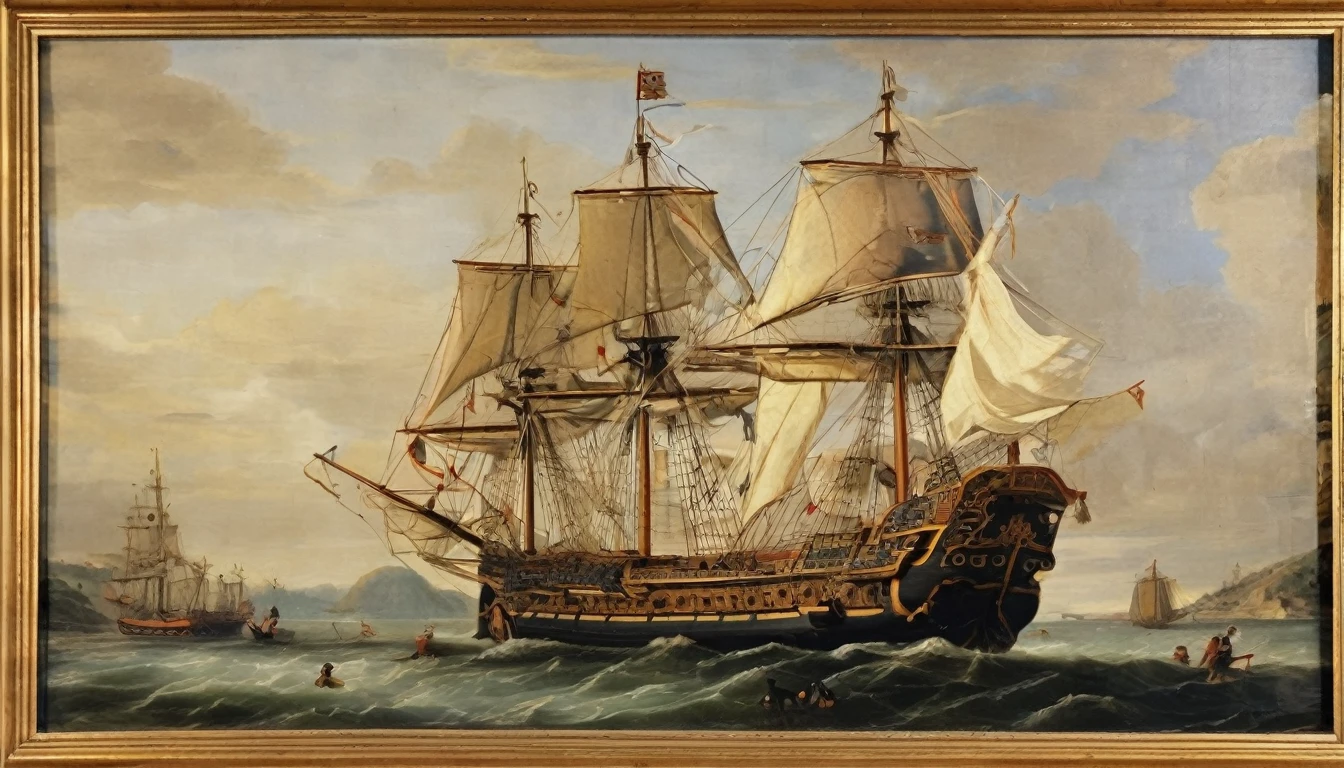 excellent quality, close-up, 17th century ship captain.&#39;stable, there is a sextant on the table, in the corner of the table there is a massive silver tarnished inkwell with a white handle(goose feather) for recording,and in the center of the table lies a half-decayed parchment(ancient parchment) with a map of treasure island drawn on it.(There is a red color on the island map, faded, faded cross mark where to look for treasure), 8k rendering, High image contrast,stylization under the 17th century,