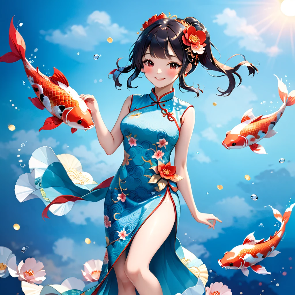 (paper art, Quilted paper art, 3D), (whole body:1.5),1 Cheongsam woman,Shy, fit,Perfect proportions,Exquisite hair accessories, Smile,Oriental elements,Simple background, China red,sky blue, Money、(soft light, Bokeh),Dancing with Koi