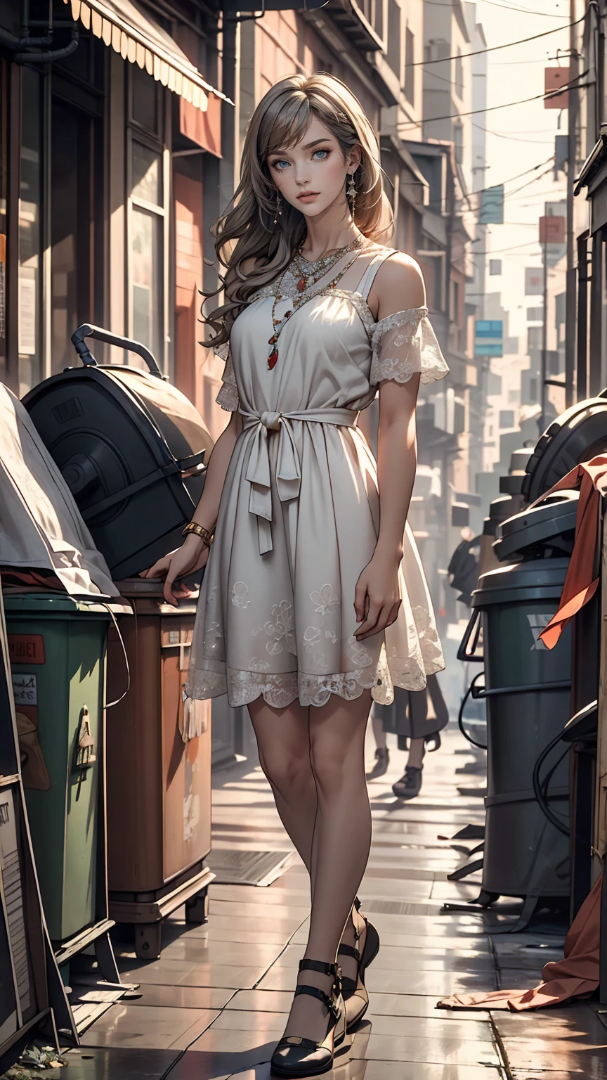 ((masterpiece, highest quality)),girl, alone, dress, Are standing, Hello, alley, Outdoor, bangs, white dress, Gray Hair, Long Hair, Black footwear, Industrial Pipes, View Viewer, Air conditioning,Dim lighting, garbage, garbage bin, hxh2011