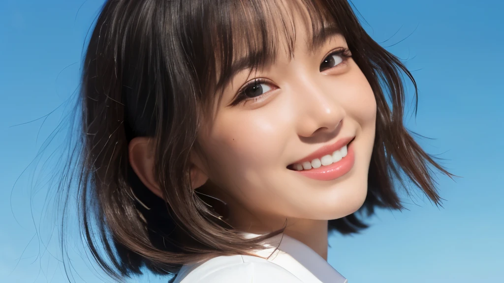 (Realistic: 1.4), (highest quality: 1.4), (fine grain), Full Body Shot, ((Blue sky)), ((One Young Woman)), Black wavy hair, ((suit)), Big eyes, Blushed, ((smile)), Highly detailed face and skin texture, Healthy Skin, 8K resolution
