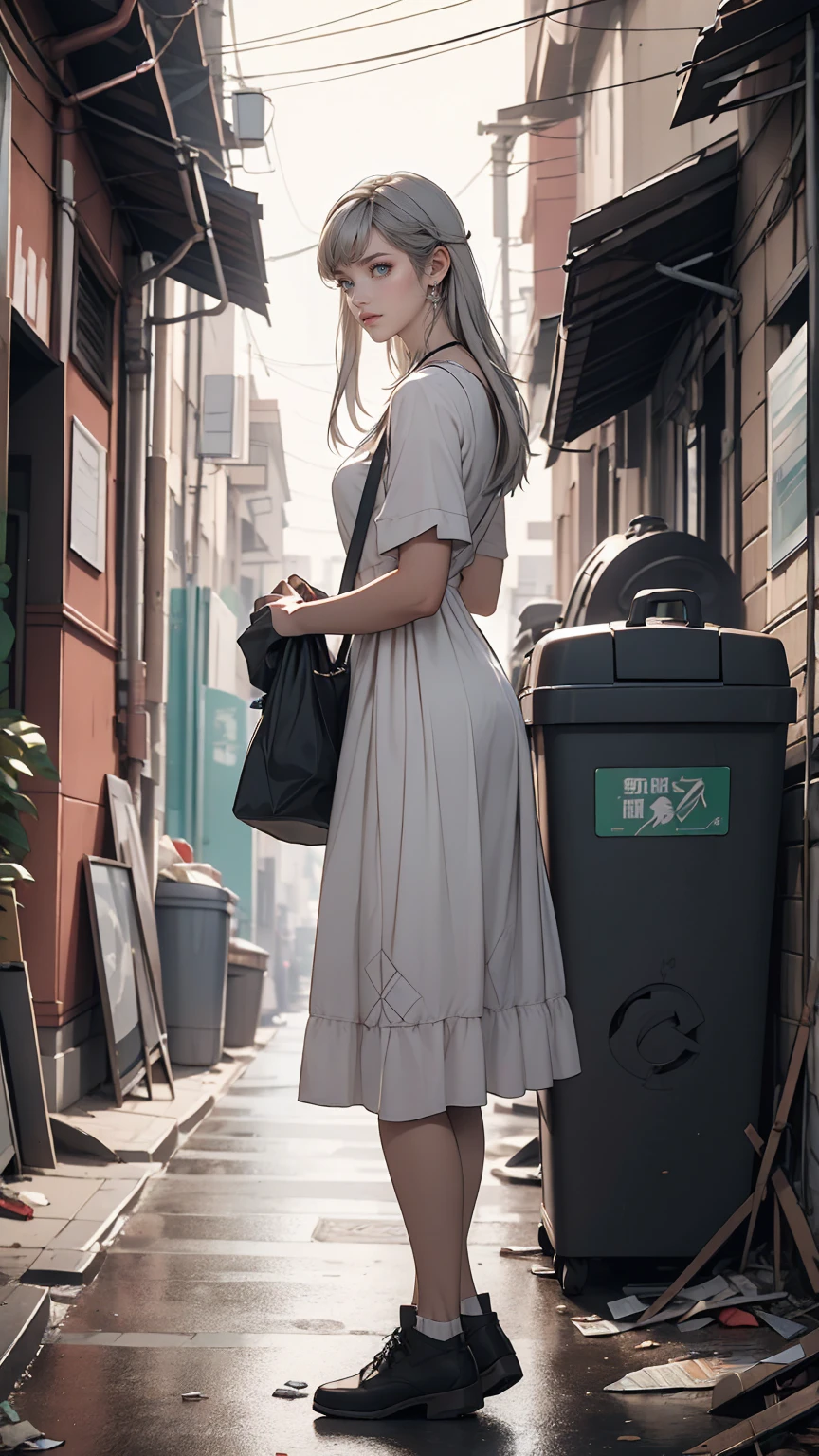 ((masterpiece, highest quality)),girl, alone, dress, Are standing, Hello, alley, Outdoor, bangs, white dress, Gray Hair, Long Hair, Black footwear, Industrial Pipes, View Viewer, Air conditioning,Dim lighting, garbage, garbage bin, hxh2011 