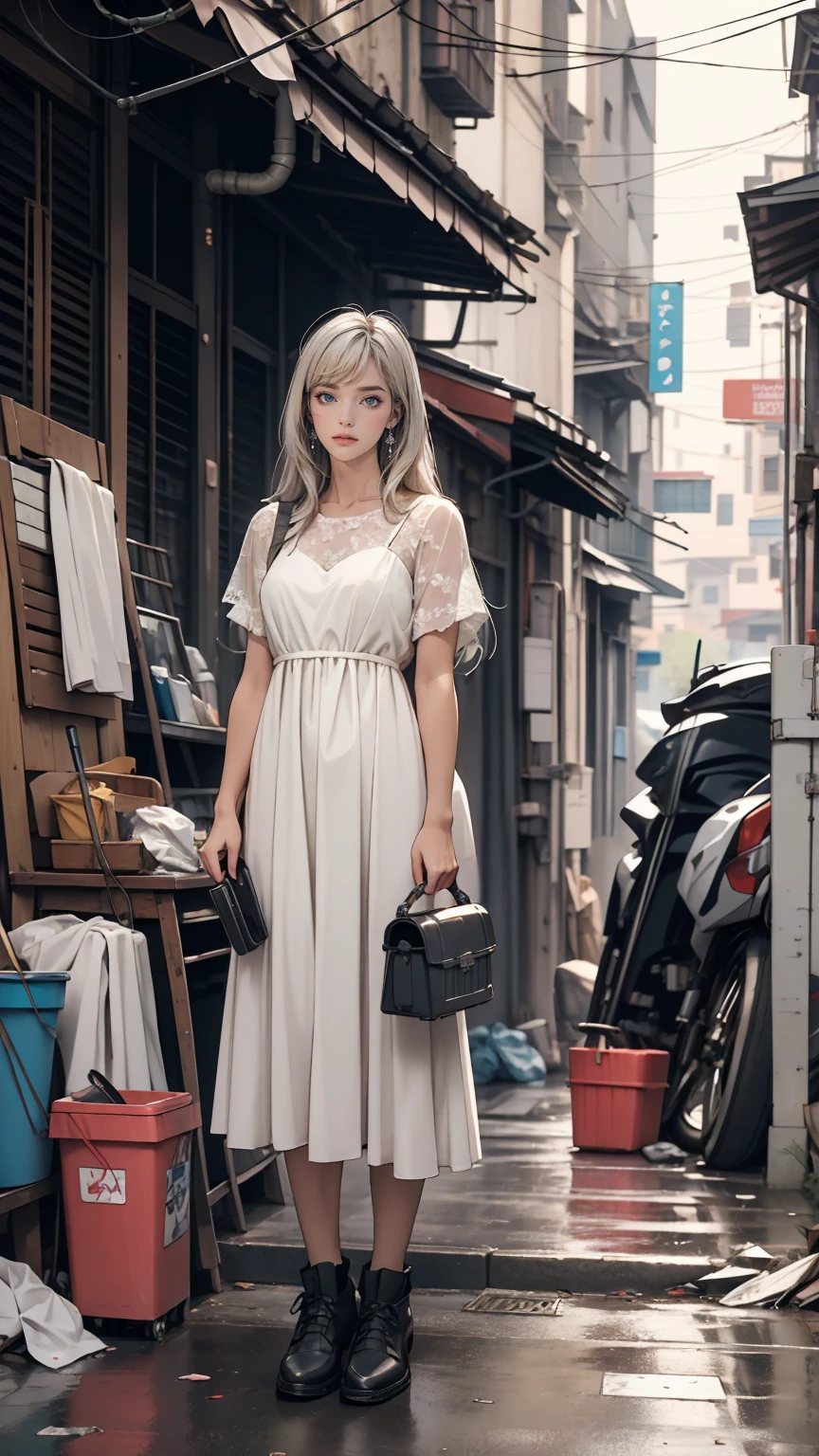 ((masterpiece, highest quality)),girl, alone, dress, Are standing, Hello, alley, Outdoor, bangs, white dress, Gray Hair, Long Hair, Black footwear, Industrial Pipes, View Viewer, Air conditioning,Dim lighting, garbage, garbage bin, hxh2011