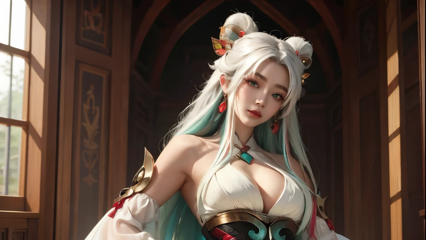 (masterpiece, best quality:1.2), intricate details, mythmaker irelia, 1girl, hair ornament, hair rings, bare shoulders, dress, detached sleeves, forehead mark, multicolored hair, white hair, earrings, green eyes, textured skin, looking at viewer, solo, light smile, (mature female:1.2),sexy pose,Open cleavage, open chest