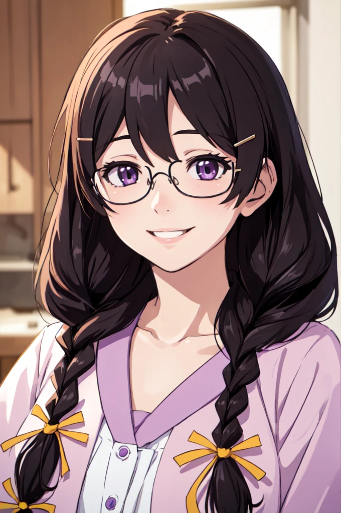 (best quality, masterpiece, RAW photo,ultra-detailed:1.2), 1girl,solo,looking at viewer,smile hanekawa tsubasa, long hair, black hair, hair ornament, (purple eyes:1.1), braid, hairclip, twin braids, glasses,