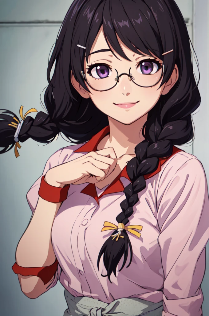 (best quality, masterpiece, RAW photo,ultra-detailed:1.2), 1girl,solo,looking at viewer,smile hanekawa tsubasa, long hair, black hair, hair ornament, (purple eyes:1.1), braid, hairclip, twin braids, glasses,