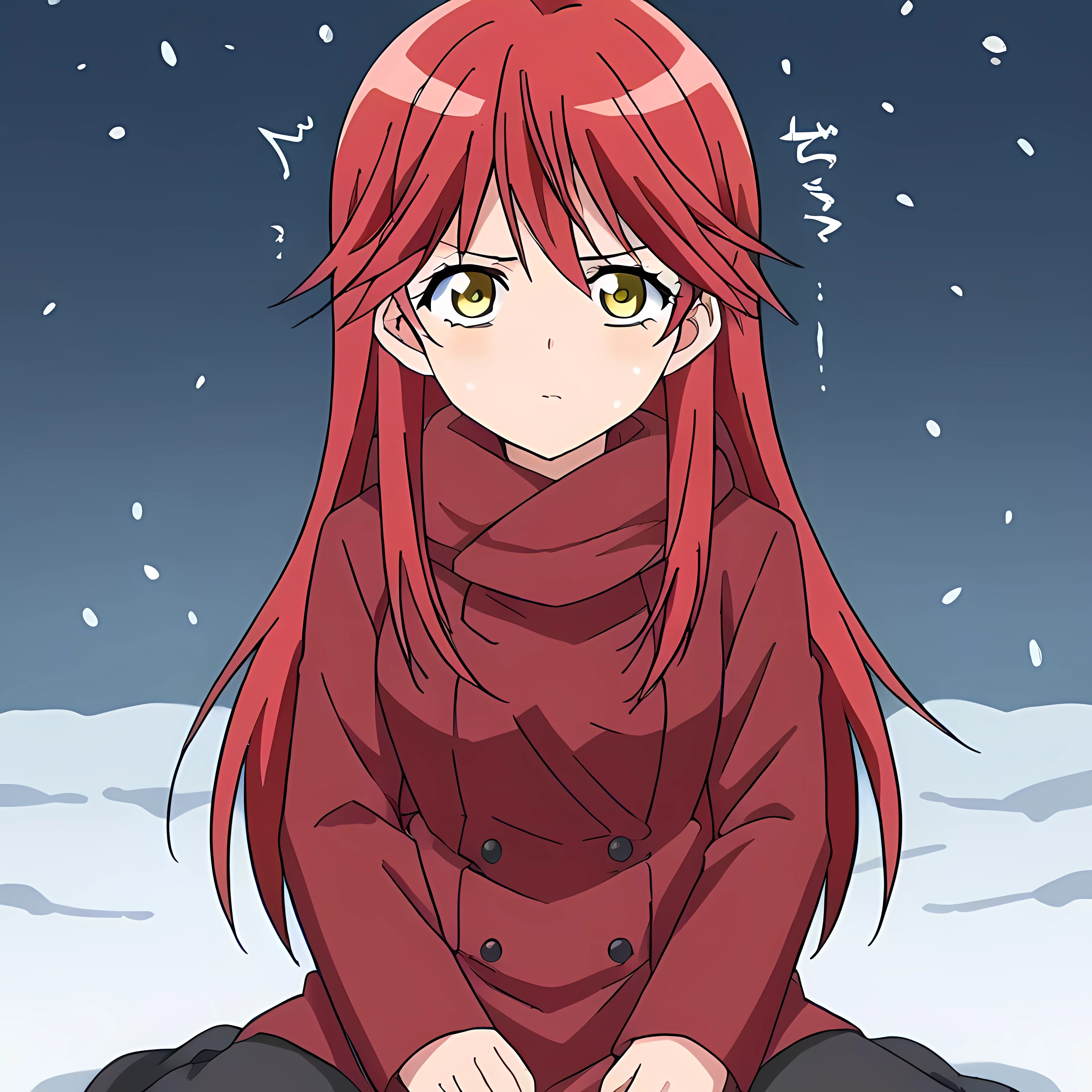  source_anime, long hair, red hair, yellow eyes,
in the snow, sitting on the ground shivering from the cold, when a girl with black hair appears and extends her hand to her
solo icon 