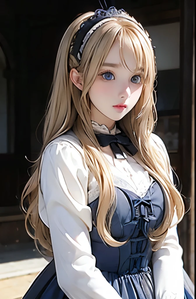 Blonde fluffy long hair、Blue Eyes、White、 beautiful girl、Young Girl、Black ta Fashion