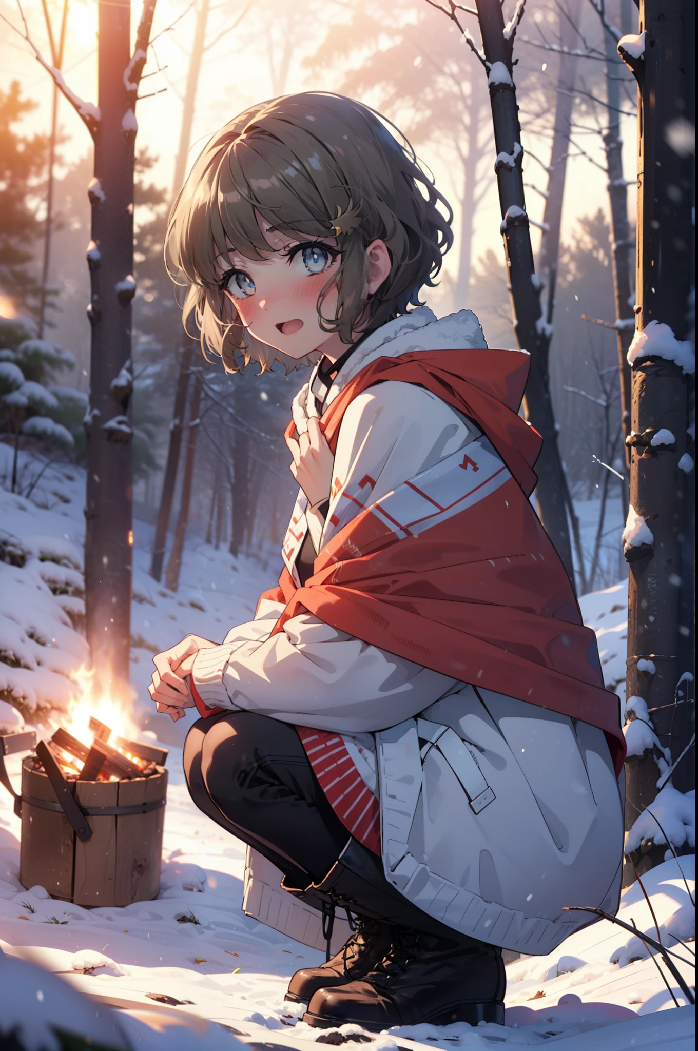 tomoekoga, Chie Koga, short hair, Brown Hair, blue eyes, hair band,smile,blush,White Breath,Center of chest,
Open your mouth,snow,Ground bonfire, Outdoor, boots, snowing, From the side, wood, suitcase, Cape, Blurred, having meal, forest, White handbag, nature,  Squat, Mouth closed, Cape, winter, Written boundary depth, Black shoes, red Cape break looking at viewer, Upper Body, whole body, break Outdoor, forest, nature, break (masterpiece:1.2), highest quality, High resolution, unity 8k wallpaper, (shape:0.8), (Beautiful and beautiful eyes:1.6), Highly detailed face, Perfect lighting, Highly detailed CG, (Perfect hands, Perfect Anatomy),