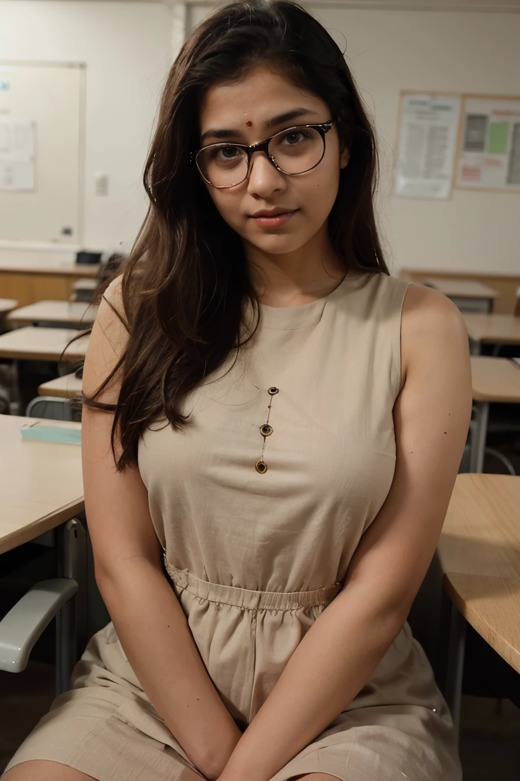 photography of a 20 year old indian girl , perfect face, inocent. Chubby face, bindi on hade with short open heirs, specs , completely covered with indian dress.. In class room with friends