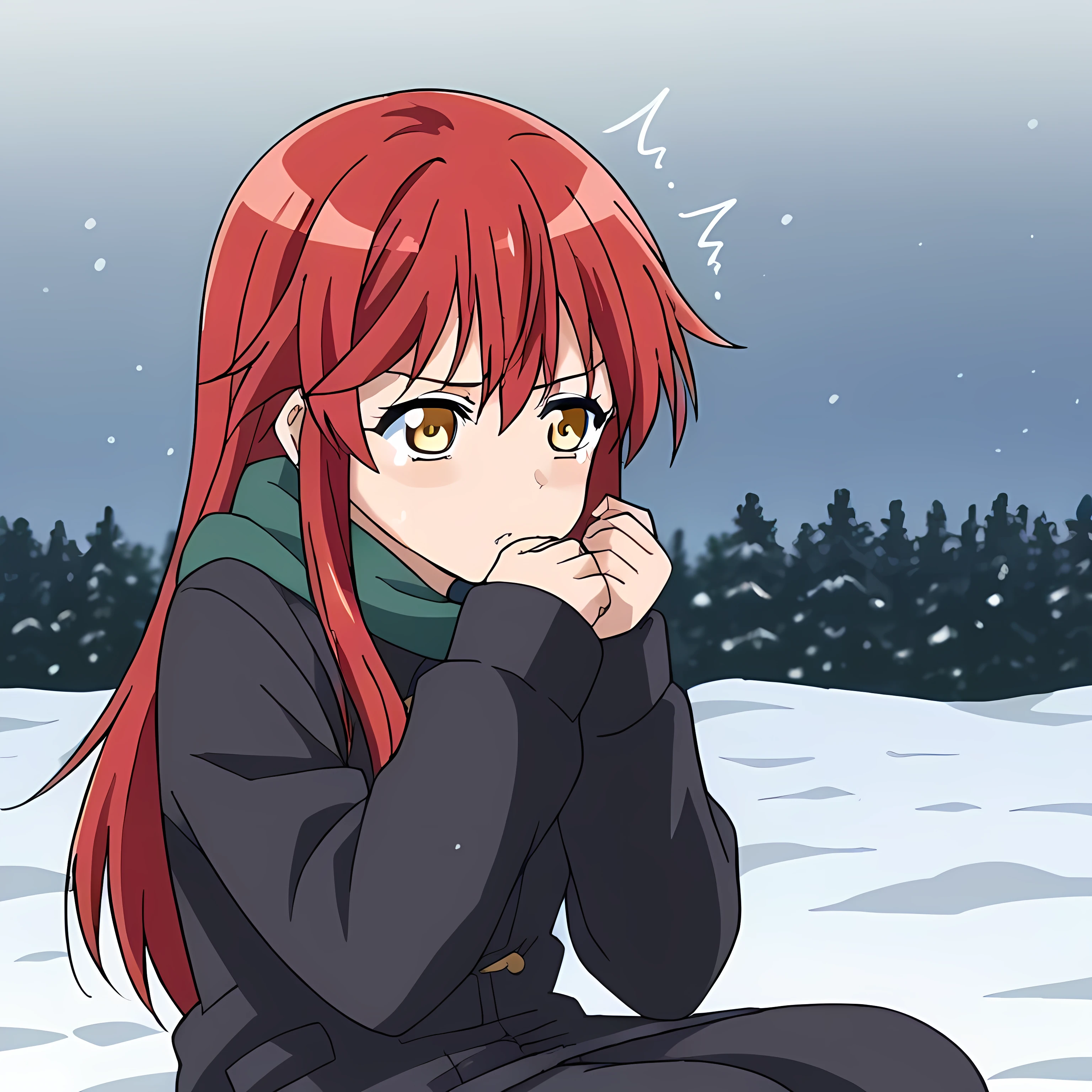  source_anime, long hair, red hair, yellow eyes,
in the snow, sitting on the ground shivering from the cold, when a girl with black hair appears and extends her hand to her
solo icon 