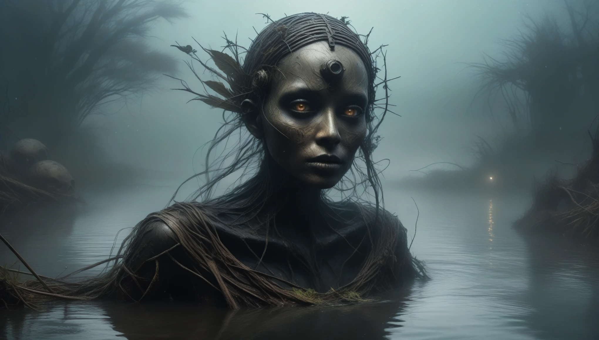 young graphite witch's mummy made of dead plants crawling out the water in a foggy marsh, radioactive atmosphere,charcoal abandoned mechanical clockwork Spaceship, steampunk dark horror fantasy, ominous landscapes,large number of stars fly towards the viewer,radioactive world,ruined theme,lots of toxic dust,amazon,full body length,once pretty face,full body length, eerie atmosphere, ethereal presence, toxic mists, supernatural entities, sinister aura, dark and twisted branches, macabre elements, eerie and ominous lighting,Complicated detail,captivating creation,intricate details,extremely detailed,masterpiece,intricate details,eyes extremely detailed, high detailed eyes,32k resolution, Nikon Z9,After tsunamis,like Stone Forest in Yunnan Province of China,Simon Stalenhag,Nicola Samori,Wangechi Mutu, horror movie, cinematic look, creepy aesthetic, ultra detailed, photorealistic, masterpiece.