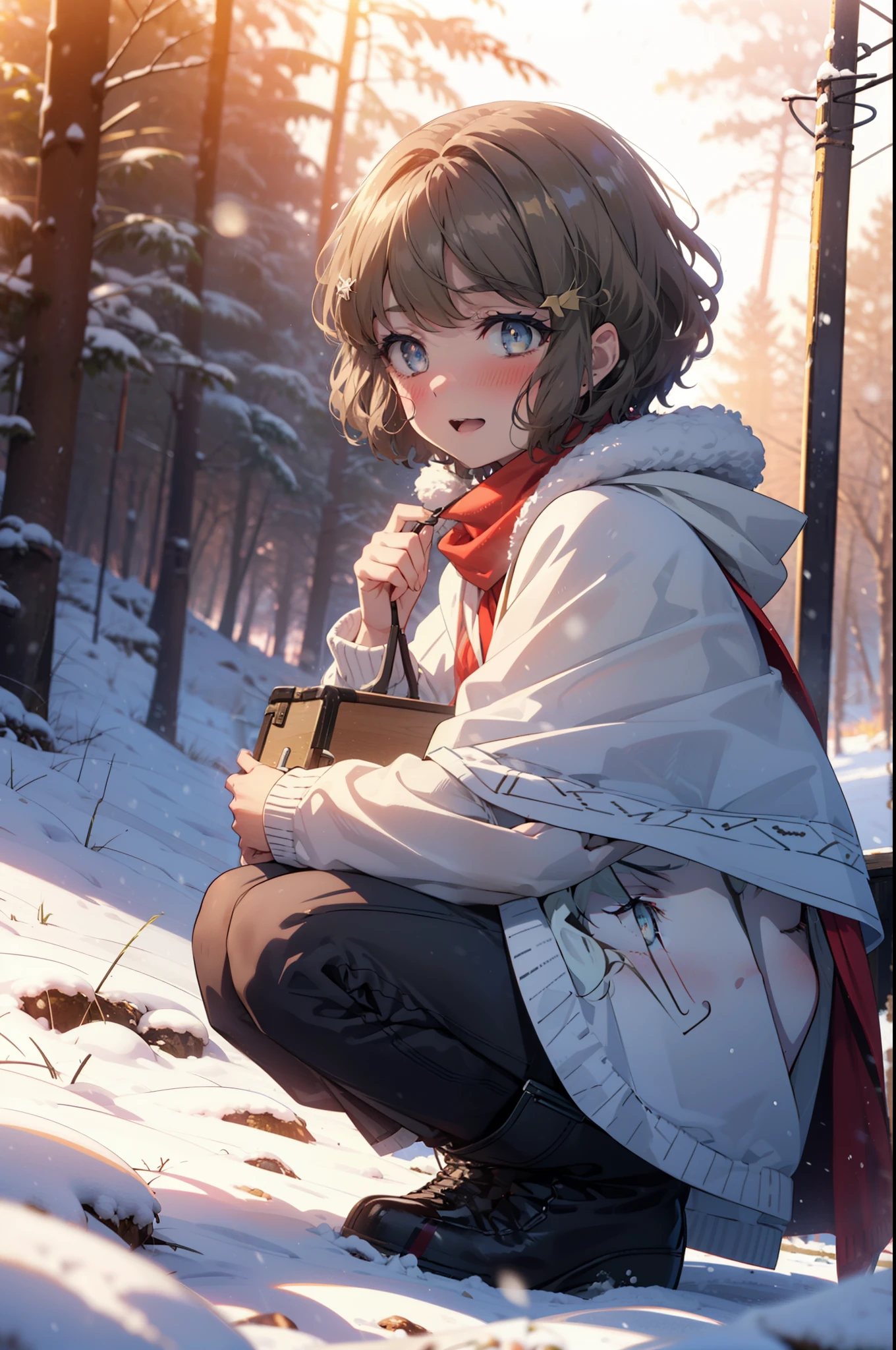 tomoekoga, Chie Koga, short hair, Brown Hair, blue eyes, hair band,smile,blush,White Breath,Center of chest,
Open your mouth,snow,Ground bonfire, Outdoor, boots, snowing, From the side, wood, suitcase, Cape, Blurred, having meal, forest, White handbag, nature,  Squat, Mouth closed, Cape, winter, Written boundary depth, Black shoes, red Cape break looking at viewer, Upper Body, whole body, break Outdoor, forest, nature, break (masterpiece:1.2), highest quality, High resolution, unity 8k wallpaper, (shape:0.8), (Beautiful and beautiful eyes:1.6), Highly detailed face, Perfect lighting, Highly detailed CG, (Perfect hands, Perfect Anatomy),