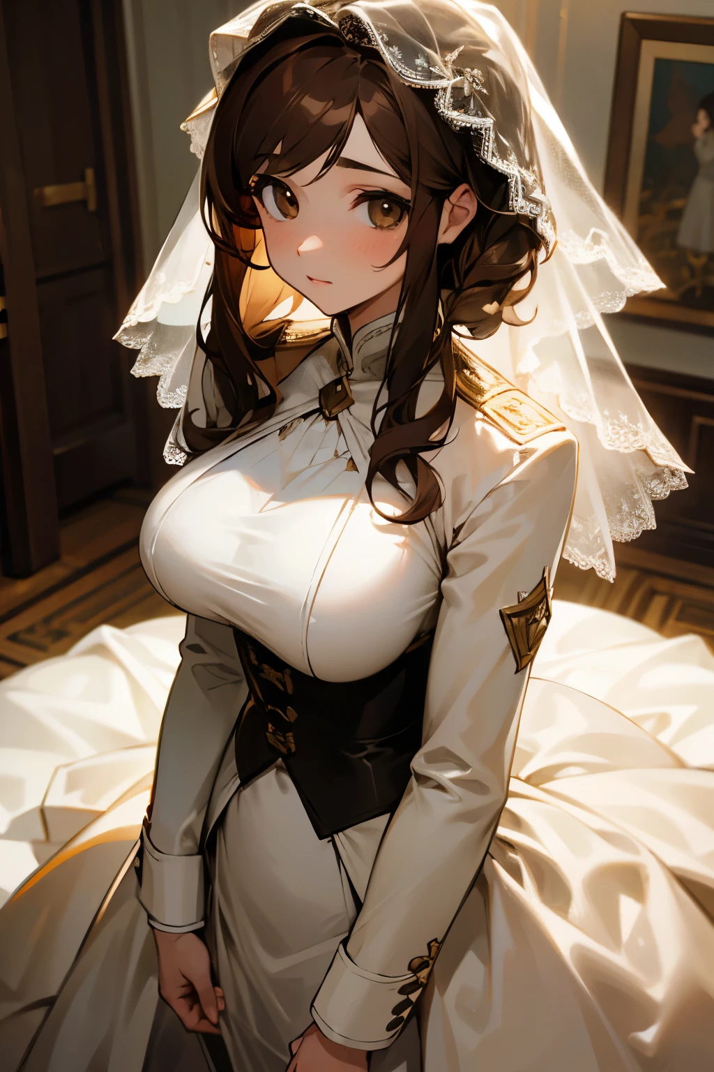 Girl, brown hair, light brown eyes, wedding suit, big breasts