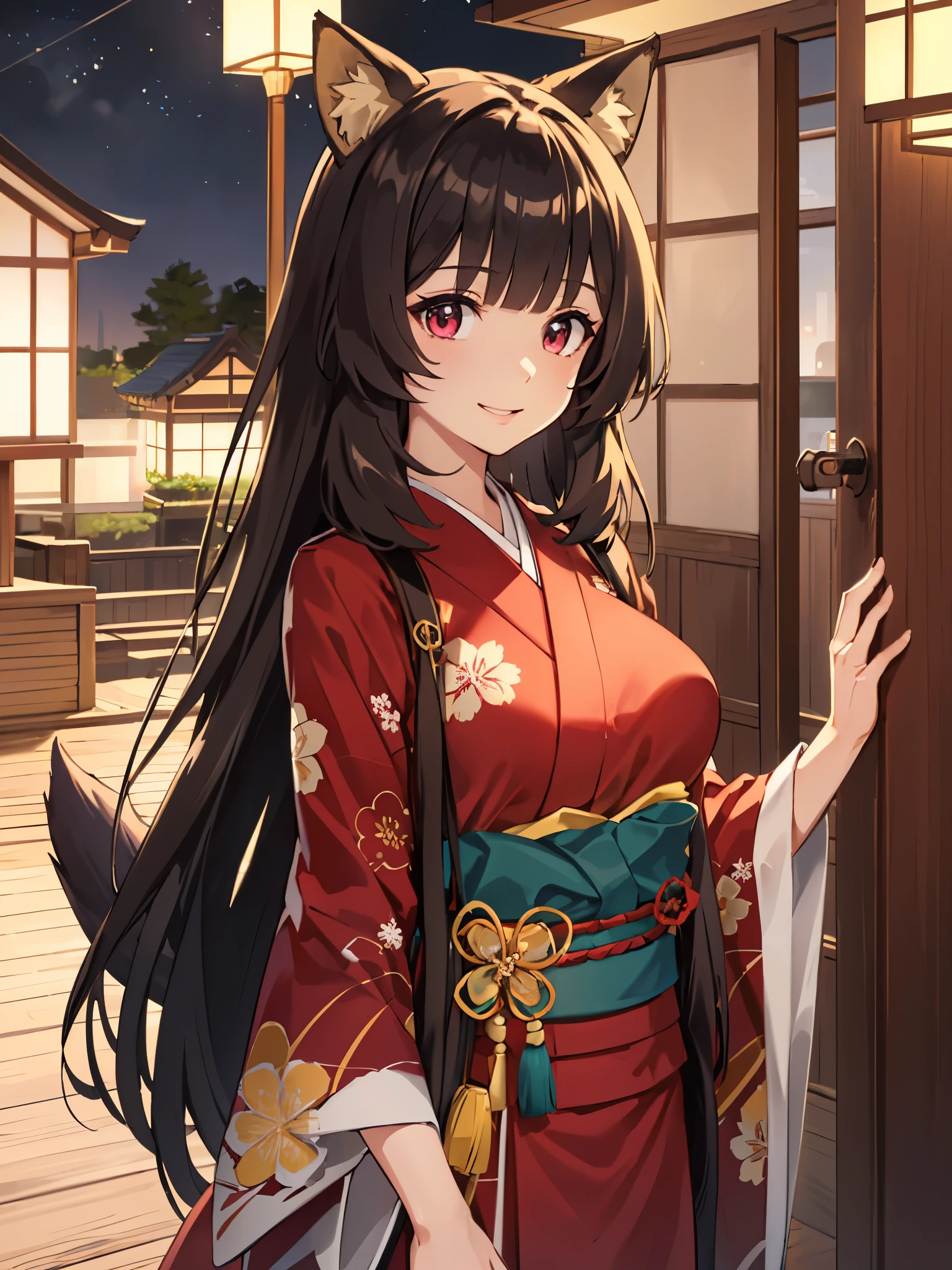 (Best quality), (extremely detailed CG Unity 8k wallpaper), (very detailed), ((absurdity)), Detailed beautiful eyes,
Raphtalia, Red eyes, black hair, fox tail, fox ears, 1 girl, Wearing kimono, red kimono, big breast,Smile,at night, Japanese house