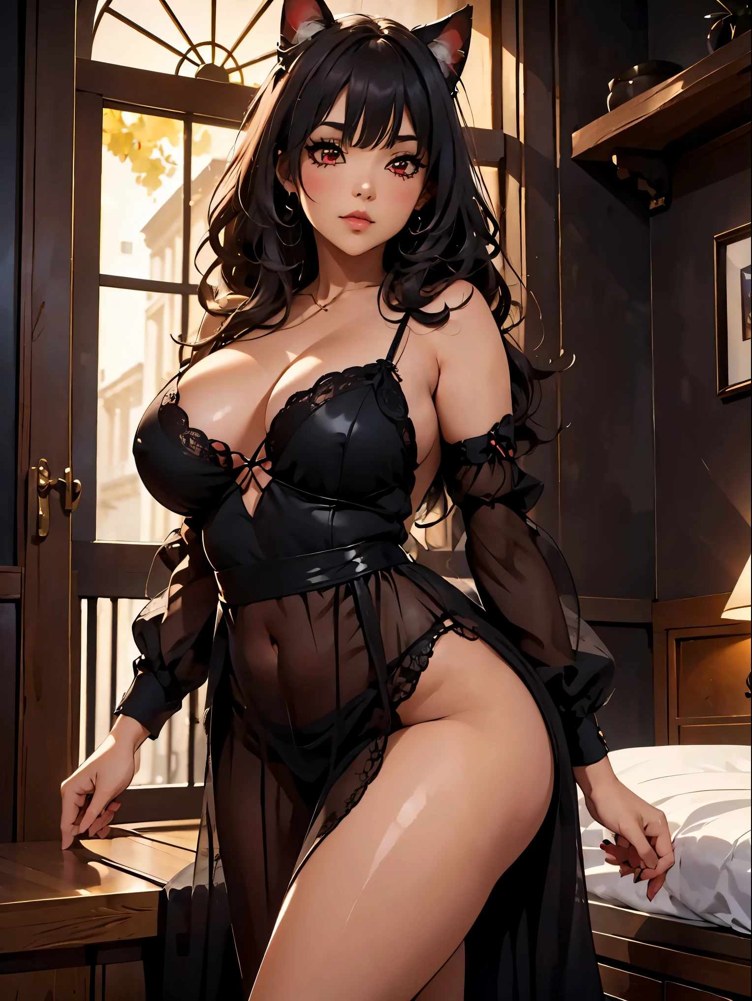 (junkotvv pelo negro orejas de gato y ojos rojos) alto detallado, 4k, obra maestra, cinematic lighting, Tarde noche, voluptuous woman with a curvy body, En el dormitorio, wearing negligee with laces, burdeos y negro, pose seductora, puro placer en su movimiento, trenza, despertado, Voyeur, red mystical glow through the window, profundidad de campo,