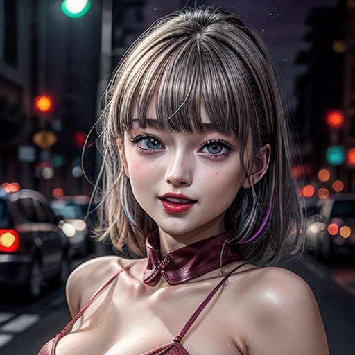 masterpiece of professional Analog photo, realistic and photorealistic with touch of rawness, (a close-up portrait of a woman wearing thongs on a city street), Dusk purple Sky, intricate lighting effects with light particles, (many colorful lights dazzling bokeh), Traffic lights, a crowd of fashionable street girls in the background, { Childish | Gigantic Cleavage }, (((NOGIZAKA))) Extremely Detailed very KAWAII face variation, perfect anatomy, captivating gaze, elaborate detailed Eyes with (sparkling highlights:1.2), long eyelashes、Glossy RED Lips with beautiful details, Coquettish tongue, Rosy cheeks . (Dynamic joyful expressions), { Ecstasy | :D | screaming | Perplexed }, Mystic sight . hair and eye color is same color, { Red leather high collar | Red ribbon }, from diagonally angle .