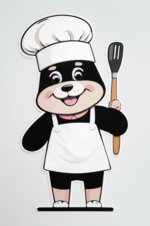 Create a set of colorful cartoon stickers for toddlers. A cheerful dog wearing a chef's hat and apron, holding a spatula and a bone-shaped cookie. stickers style, white outline, black line character. Use a white background with a light pastel border for each sticker.