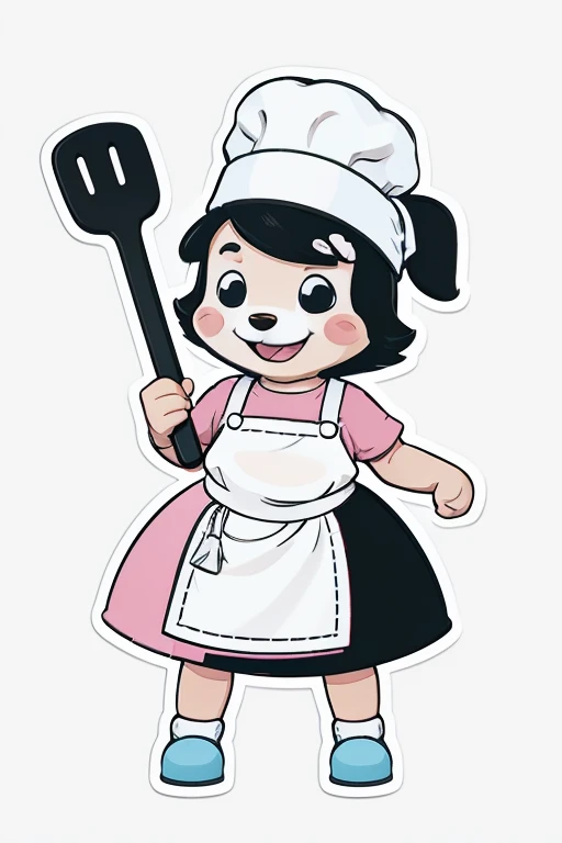 Create a set of colorful cartoon stickers for toddlers. A cheerful dog wearing a chef's hat and apron, holding a spatula and a bone-shaped cookie. stickers style, white outline, black line character. Use a white background with a light pastel border for each sticker.