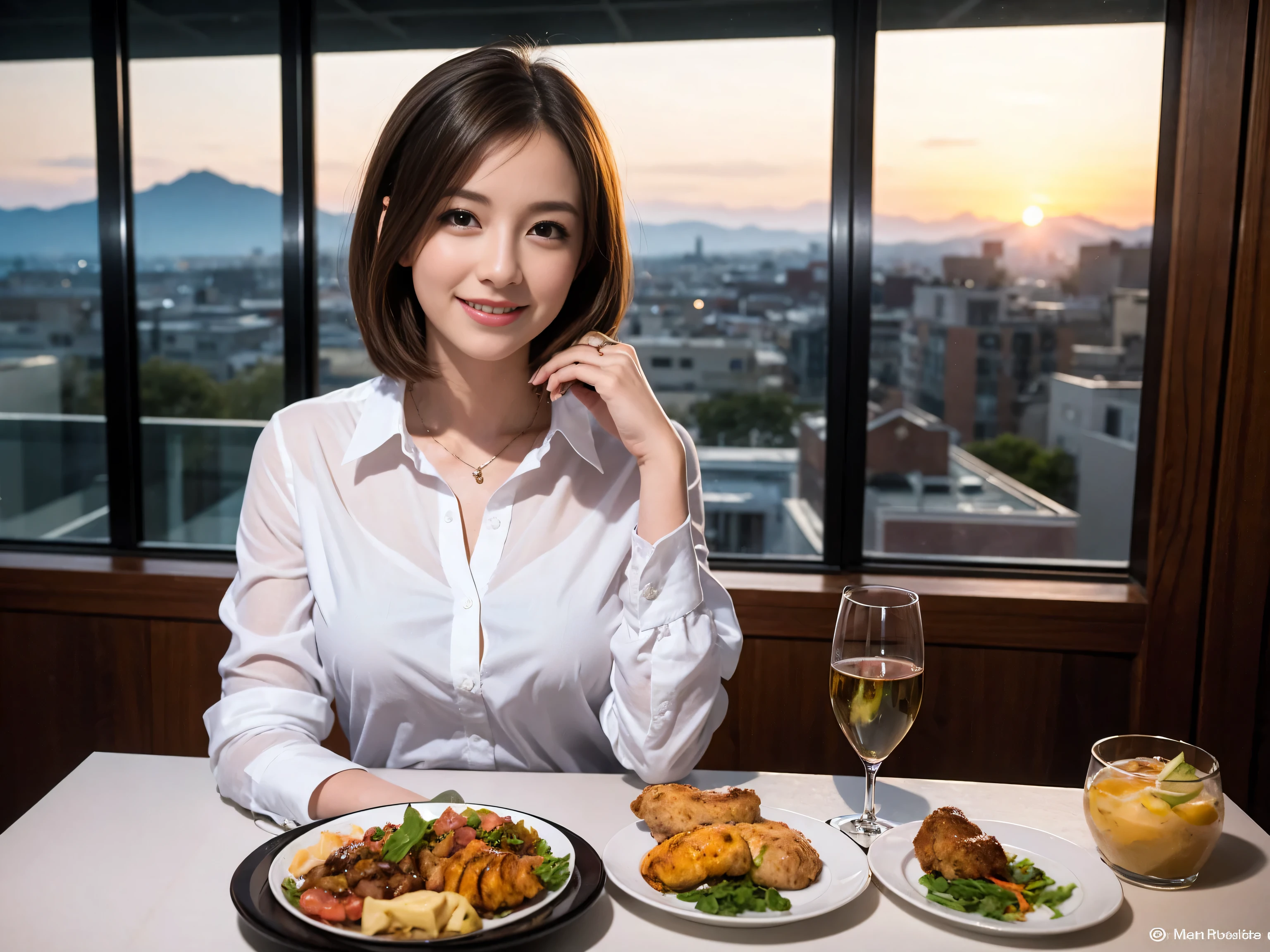 ((highest quality、8k、masterpiece:1.3))、Sharp focus:1.2、Beautiful woman perfect body:1.4、Slim body、((Bob Hale、Straight hair:1.2))、(to be born, highest quality, masterpiece:1.5), (Realistic, Intricate details:1.2), Ultra-high resolution, Amazing view of the sunset sky and clouds、Amazing mountain views、A bright smile、A lovely woman with a smile、Bright image、2. The beauty of wine, Beautiful Face, blue eyes, The light shines on your face, Blushing, short hair,Bright Face、Fox face、 (36 years old), 39 years old, Lady、red wine 、Appetizers、Italian food、Wine bottle、Champagne、sparkling wine、Two beauties、Brown Hair、Shortcuts、Long sleeve shirt、dress、Pretty Woman 1, (Slim face), (The body is slim), (Brown Hair), (Shortcuts), cheeks turn a little red,Attractive beauty、, Out of the window, A beautiful and detailed night view unfolds.........., restaurant, In a prominent place (From the waist up) Nova Frog Style, actress, model, Upper Body, White wine, slim, wine glass, Wine glass placed in the center, smile, (smile: 1.15), Beautiful fine grain, Depth f/2,saturation, High Contrast, Strong light and shadow,Moist Body:1.5、3D texture、Delicate eyes、Brown Hair、The hair is very shiny、