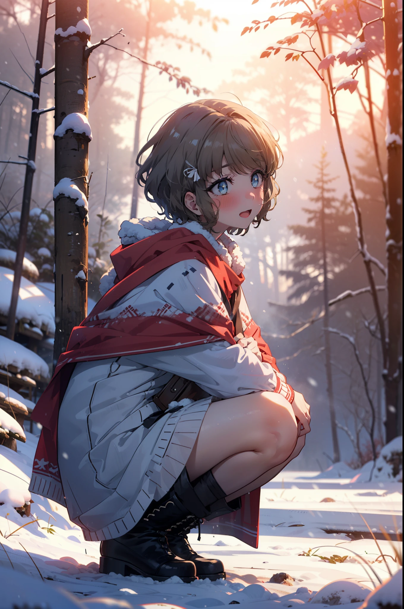 tomoekoga, Chie Koga, short hair, Brown Hair, blue eyes, hair band,smile,blush,White Breath,Center of chest,
Open your mouth,snow,Ground bonfire, Outdoor, boots, snowing, From the side, wood, suitcase, Cape, Blurred, having meal, forest, White handbag, nature,  Squat, Mouth closed, Cape, winter, Written boundary depth, Black shoes, red Cape break looking at viewer, Upper Body, whole body, break Outdoor, forest, nature, break (masterpiece:1.2), highest quality, High resolution, unity 8k wallpaper, (shape:0.8), (Beautiful and beautiful eyes:1.6), Highly detailed face, Perfect lighting, Highly detailed CG, (Perfect hands, Perfect Anatomy),