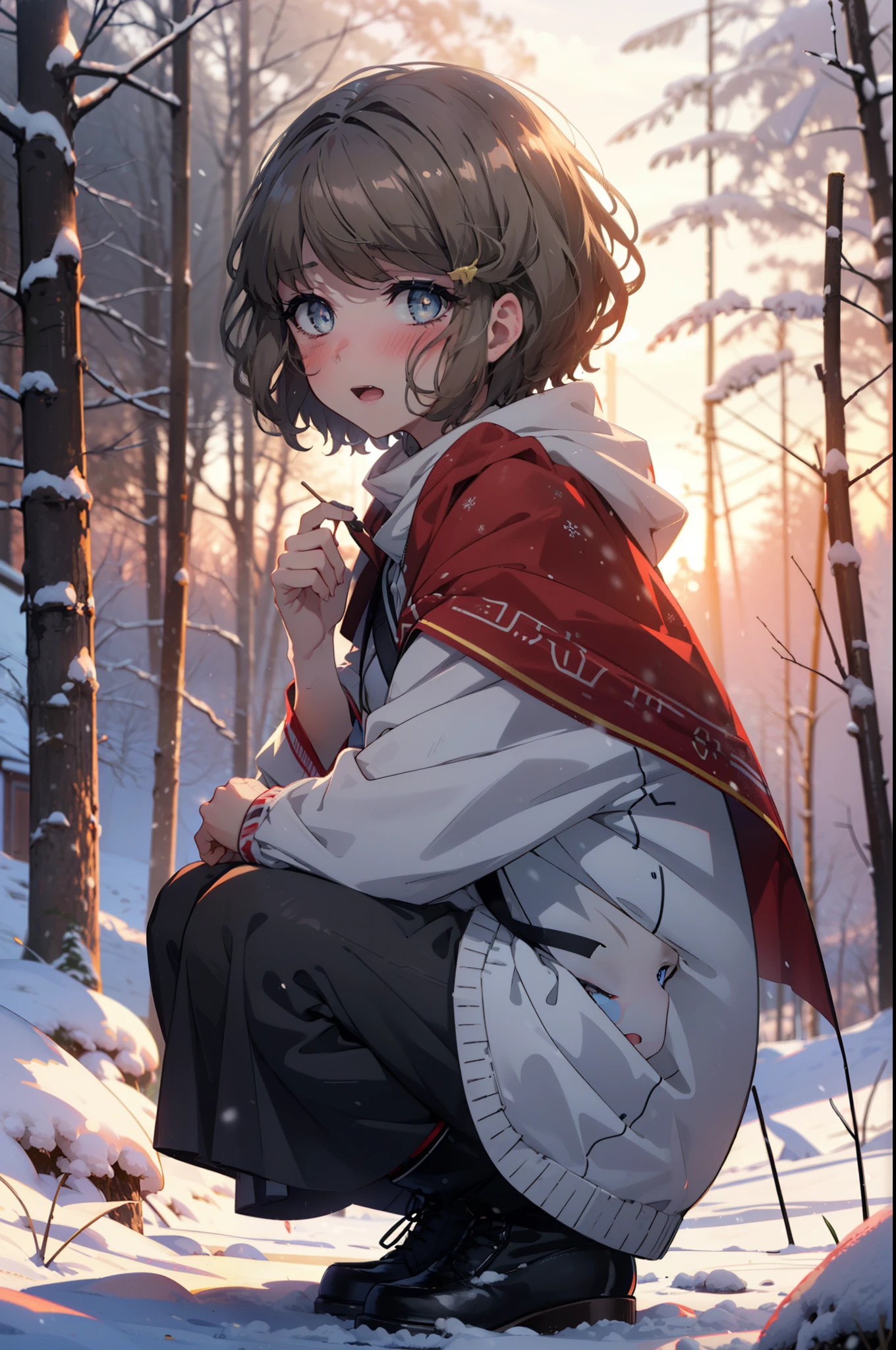 tomoekoga, Chie Koga, short hair, Brown Hair, blue eyes, hair band,smile,blush,White Breath,Center of chest,
Open your mouth,snow,Ground bonfire, Outdoor, boots, snowing, From the side, wood, suitcase, Cape, Blurred, having meal, forest, White handbag, nature, Squat, Mouth closed, Cape, winter, Written boundary depth, Black shoes, red Cape break looking at viewer, Upper Body, whole body, break Outdoor, forest, nature, break (masterpiece:1.2), highest quality, High resolution, unity 8k wallpaper, (shape:0.8), (Beautiful and beautiful eyes:1.6), Highly detailed face, Perfect lighting, Highly detailed CG, (Perfect hands, Perfect Anatomy),