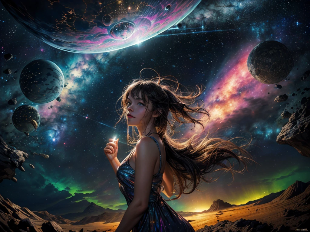 ((girl enjoying her time in dream galaxy, rodeado de estrelas, uma luz quente pulverizou sobre ela, the background is a starry sky with colorful galaxies and galactic clouds, estrelas voando ao seu redor, rosto delicado, adding a playful atmosphere:1.5)), ((cena imaginativa)),((perfeito, meticulosamente detalhado Alto detalhe, super detalhe, super high resolution,:1.3)), ((Tiro certeiro: 1.4, dynamic pose:1.3)), ((melhor qualidade) ), ((Obra de arte)), 3D, (hiper detalhado: 1.3), ((epic landscape: 1.3)), ((fundo noturno: 1.3 ))), (Fotorrealista: 1.4), (( frontal camera) ),( (Low-light night cinema lighting: 1.2)).32k.