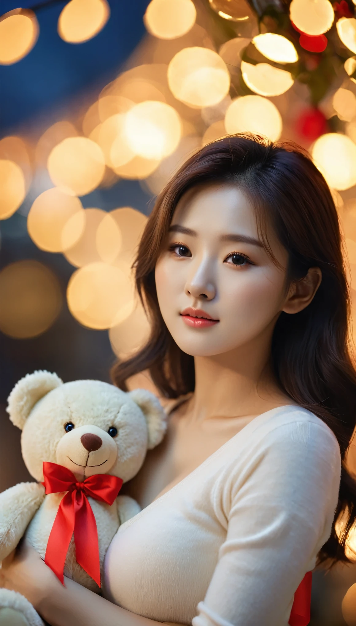 close-up of beautiful korean female, 34 inches breasts size, wearing v-neck crop top, hugging teddy bear with red ribbon, bokeh background, cinematic scene, UHD 