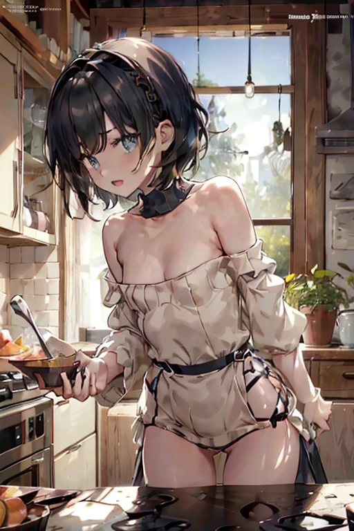 (small breasts:1.3), (perky chest:1.1), (pointed chest:1.0), (fashion magazine cover:1.3),(from below:1.0),(from side:0.9),masterpiece, 1girl, Amazing Cleavage:1.1, thin waist, big ass, Raised sexy, small breast: 1.3, posed cleavage:1.2、solo, looking at viewer, open mouth, have a cute grass of cute beergrass,black hair, dark green eyes, dress, bare shoulders, jewelry, collarbone, sidelocks, hairband, earrings, indoors, off shoulder, :o, sweater, arms behind back, plant, short hair with long locks, gild hairband, off-shoulder dress, sweater dress, off-shoulder sweater, red sweater, dark gord hair, big side hair, very long side hair,is rendered in (masterpiece: 1.2, best quality), with (ultra high resolution) and an exquisite (depth of field). This masterpiece is not only visually stunning but also tells,A scene of cooking in the kitchen by classroom