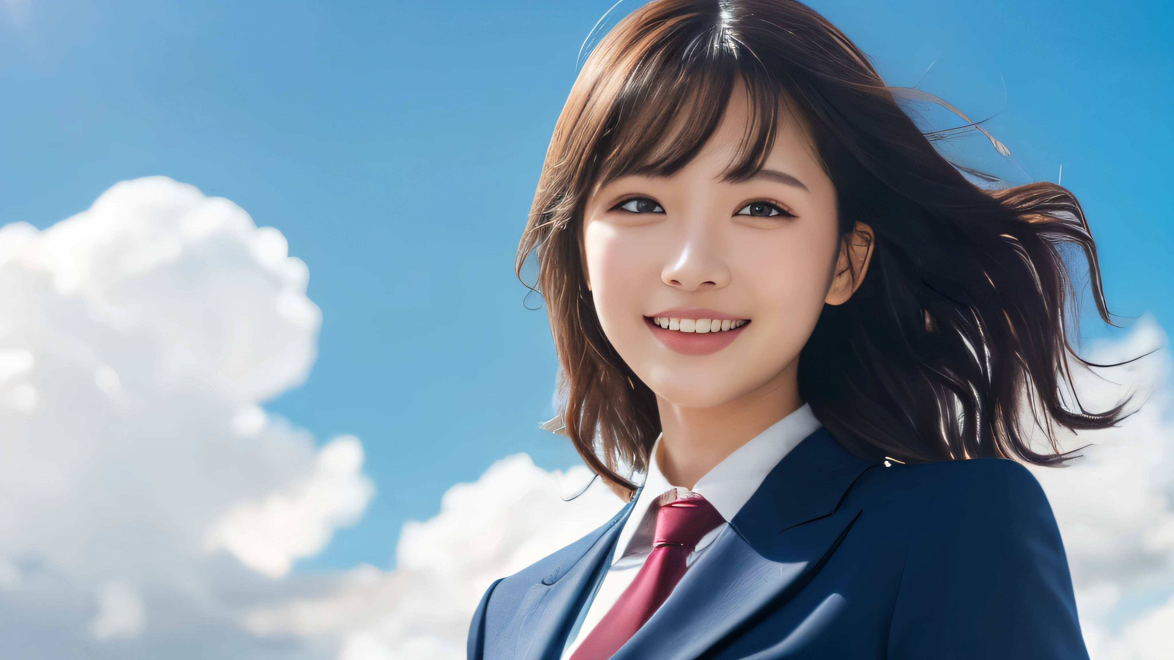 (Realistic: 1.4), (highest quality: 1.4), (fine grain), Full Body Shot, ((White clouds in blue sky)), ((One Young Woman)), Black wavy hair, ((suit)), Big eyes, Blushed, ((smile)), Highly detailed face and skin texture, Healthy Skin, 8K resolution