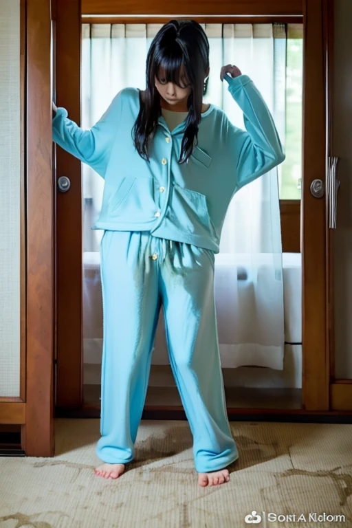 Japanese Girl thin body sees the ghost and pees her light blue lose pajama pants until his pants are wet pants in fright.