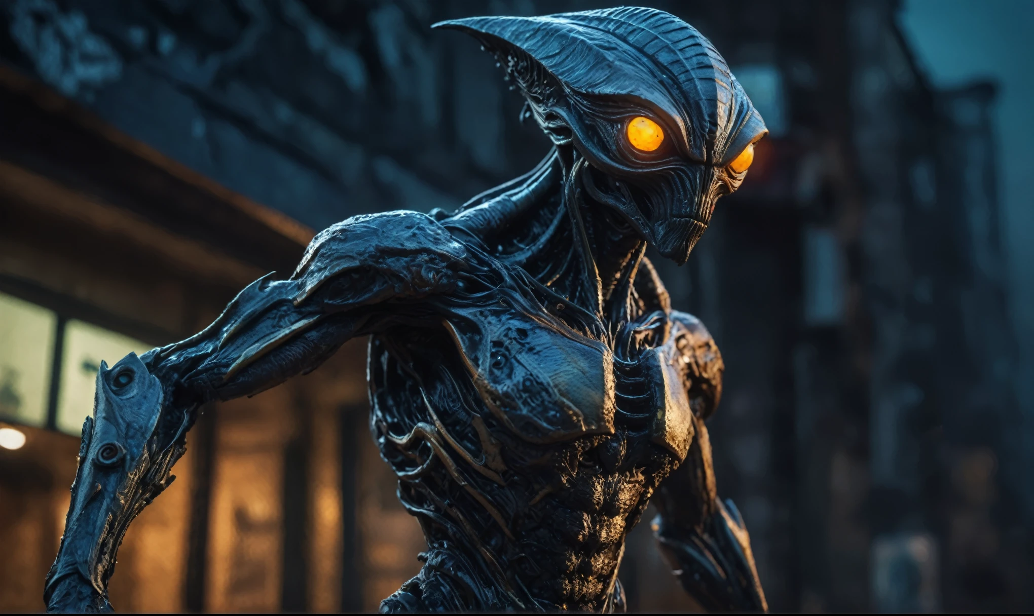 full-body-shot,niobium Manganite (The Alien Entity:favn:0.5), wants eat,survival in criminal city of future,Cinematic,soft colors, Technicolor,natural skin textures, hyper realism, hyper detailed,Extremely detailed,High contrast,Masterpiece,Realistic,Ultra Detailed, intricate details,realistic humid leather,extremely intricate,Epic Realistic, cinematic style,irina yermolova,high contrast,HDR,extremely detailed, [deep night landscape],masterpiece,intricate details,faded,eyes extremely detailed, high detailed eyes,8k resolution,RAW,retina, Nikon Z9