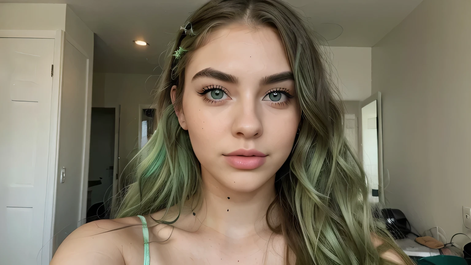 beautiful american girl 24 years old, bright green hair, long wavy hair, bright blue eyes, big lips, bushy eyebrows, long lashes, oval face, small nose, selfie