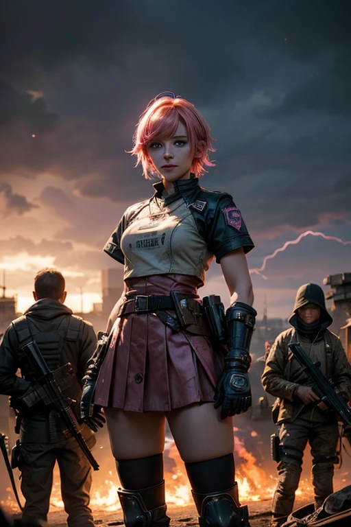  1girl,cowboy shot, beautiful nora_valkyrie, looking at viewer, smile, short hair, blue eyes,heart design on t-shirt, gloves,  jacket, pink skirt, pink belt, short sleeves, puffy sleeves, single armband, fingerless gloves, short hair, orange hair, pink gloves, dynamic pose, night, lightning, standing near old steam train, post-apocalypse, dystopian future, crowd, (crowd in military uniforms), bonfires, (volumetric lighting), best quality, masterpiece, intricate details, tonemapping, sharp focus, hyper detailed, trending on Artstation,