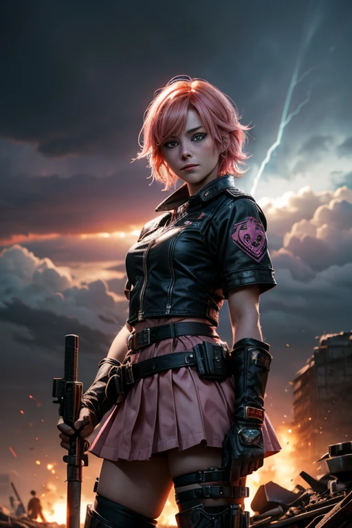 1girl,cowboy shot, beautiful nora_valkyrie, looking at viewer, smile, short hair, blue eyes,heart design on t-shirt, gloves, jacket, pink skirt, pink belt, short sleeves, puffy sleeves, single armband, fingerless gloves, short hair, orange hair, pink gloves, dynamic pose, night, lightning, standing near old steam train, post-apocalypse, dystopian future, crowd, (crowd in military uniforms), bonfires, (volumetric lighting), best quality, masterpiece, intricate details, tonemapping, sharp focus, hyper detailed, trending on Artstation,