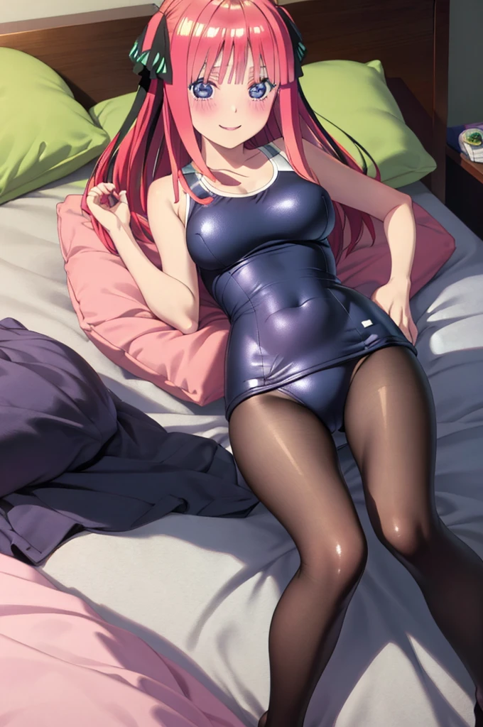 best quality, ultra-detailed masterpiece, nino nakano, one-piece swimsuit, breasts, pantyhose, blush, smile, cushion, bed room, hip focus