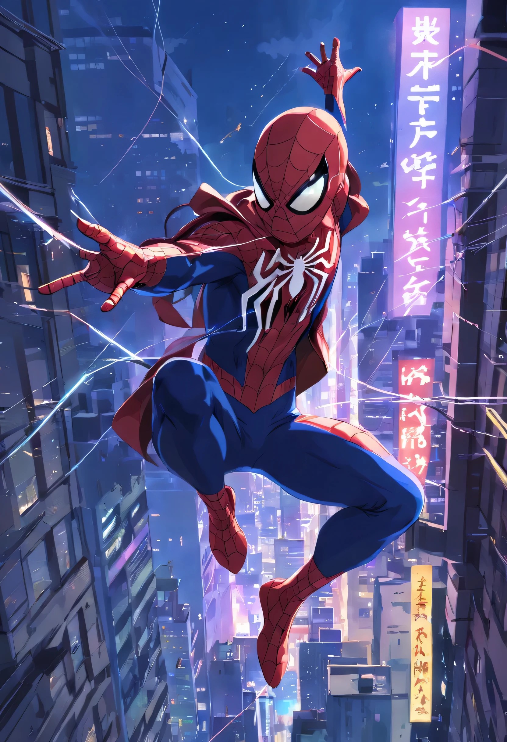 "(Best quality,ultra detailed,realistic:1.37), Spider-Man in a symbiote suit, swinging on a building at night in the city"