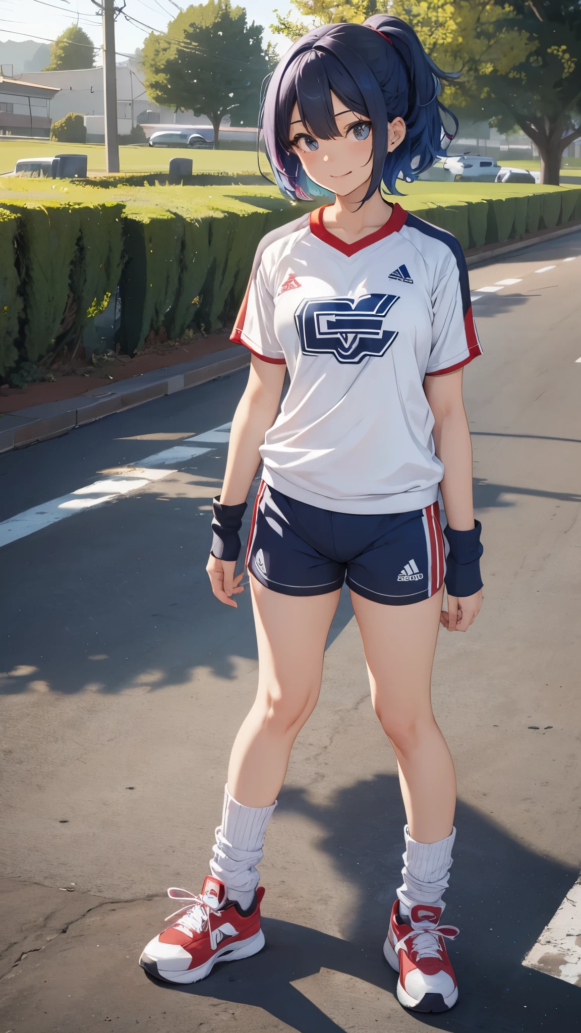 One 17 years old girl,short hair,blue hair mixed colored red hair,((jersey,sports style)),rage,laugh,grin,slender body,socks,sneakers.