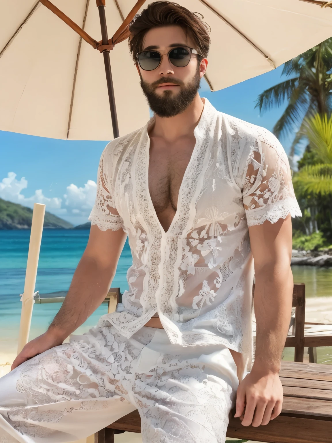 high details, super detail, One boy, beard, Midsummer, Tropics, (White clothes), ((Lace clothes)), (White lace), Male Model, sunlight, tropical, elegant, Airy, vintage, simple, casual, relax, nature光, blue sky, Seaside, Parasol, Tropical, sunglasses, Cool, Beach, Palm Tree, sense of openness, nature, Sunbathing, Summer Resort, (full body)