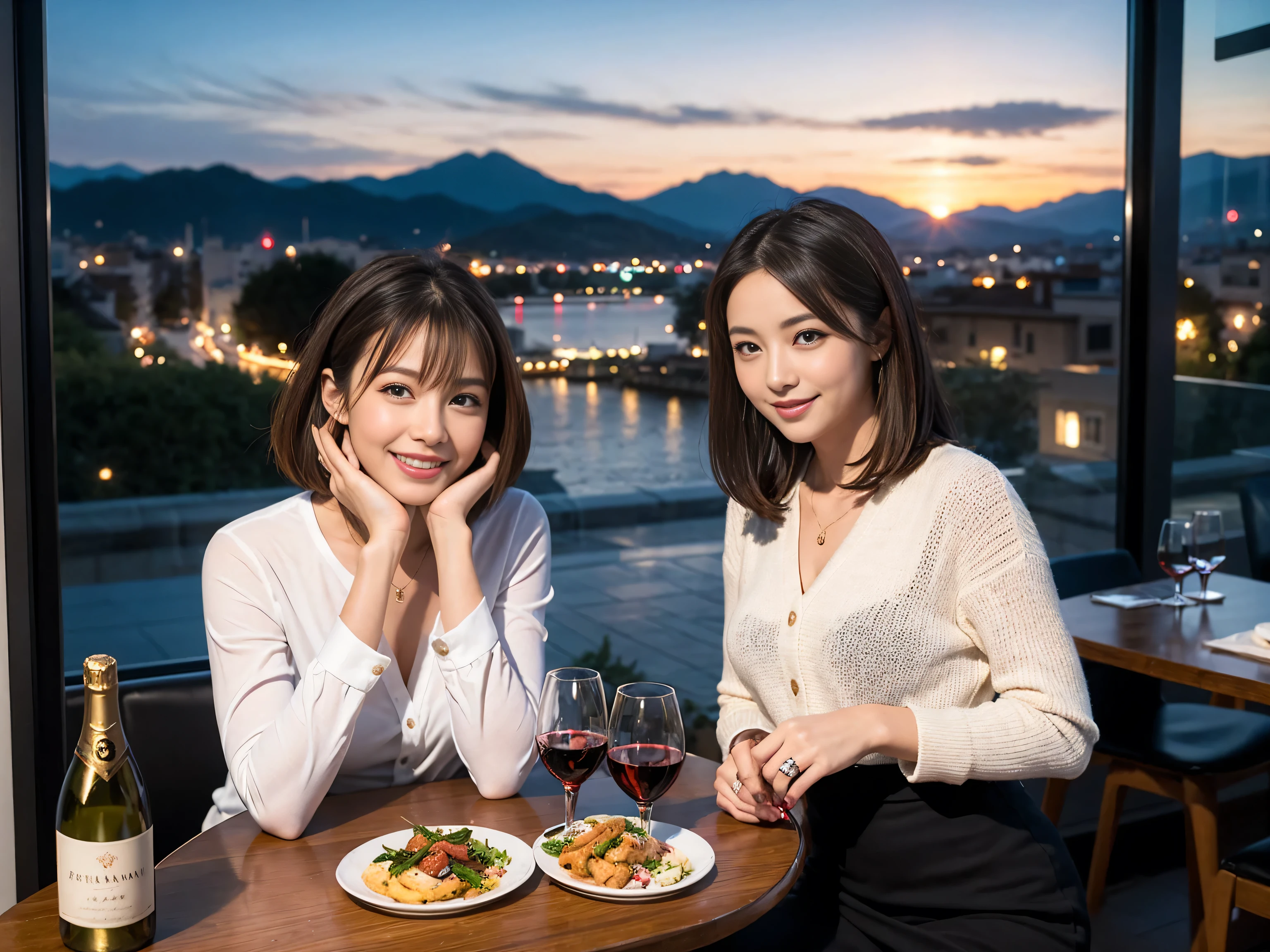 (highest quality、8k、masterpiece:1.3)、Beautiful woman with perfect figure:1.4、Dark brown hair、wine 、2 people、Knit dress、Highly detailed face and skin、fine grain、double eyelid、テーブルにWine Glass、Facial Lighting、 Amazing view of the sunset sky and clouds、Amazing mountain views、Laugh brightly、Smiling lovely woman、Bright image、The beauty of wine, Beautiful Face, blue eyes, Blushing, short hair,Bright Face、 (36 years old), 39 years old, Lady、Red wine 、Appetizers、Italian food、Wine Bottle、Champagne、Sparkling wine、Two beauties、Brown Hair、Shortcuts、Long sleeve shirt、dress、Pretty Woman 1, (Slim face), (The body is slim), (Brown Hair), (Shortcuts), cheeks turn a little red,Attractive beauty、, Out of the window, A beautiful and detailed night view unfolds.........., restaurant, In a prominent place (From the waist up) Nova Frog Style, actress, model, Upper Body, White wine, slim, Wine Glass,