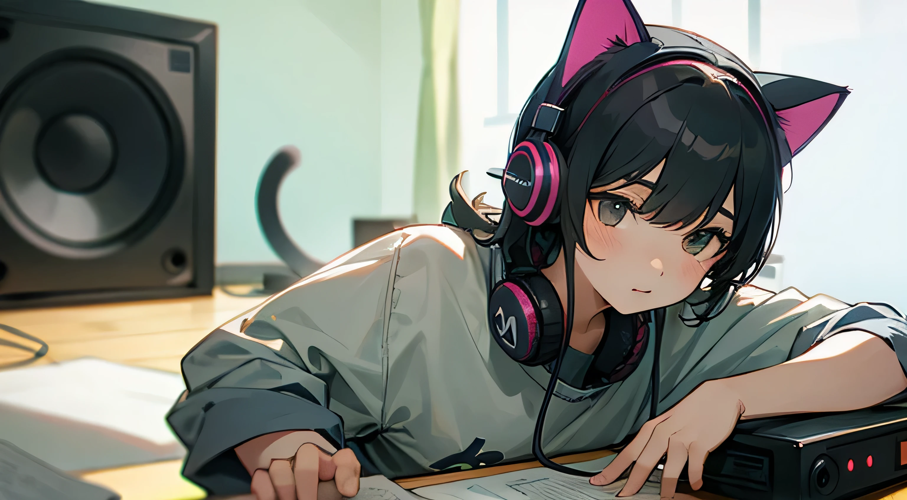 Room with speakers、Cat with headphones、Upper body close-up