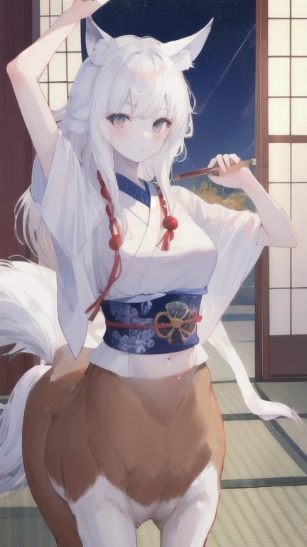 (best quality, masterpiece), 1 girl, centaur, It takes,White skin, Japanese , belly button t-shirt, 아름다운 소녀 perfect wolf photo, perfect wolf photo