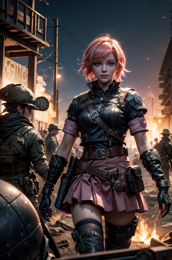 1girl,cowboy shot, beautiful nora_valkyrie, looking at viewer, smile, short hair, blue eyes,heart design on t-shirt, gloves, jacket, pink skirt, pink belt, short sleeves, puffy sleeves, single armband, fingerless gloves, short hair, orange hair, pink gloves, dynamic pose, night, lightning, standing near old steam train, post-apocalypse, dystopian future, crowd, (crowd in military uniforms), bonfires, (volumetric lighting), best quality, masterpiece, intricate details, tonemapping, sharp focus, hyper detailed, trending on Artstation,