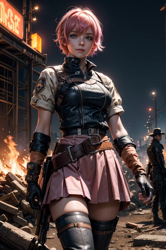 1girl,cowboy shot, beautiful nora_valkyrie, looking at viewer, smile, short hair, blue eyes,heart design on t-shirt, gloves, jacket, pink skirt, pink belt, short sleeves, puffy sleeves, single armband, fingerless gloves, short hair, orange hair, pink gloves, dynamic pose, night, lightning, standing near old steam train, post-apocalypse, dystopian future, crowd, (crowd in military uniforms), bonfires, (volumetric lighting), best quality, masterpiece, intricate details, tonemapping, sharp focus, hyper detailed, trending on Artstation,