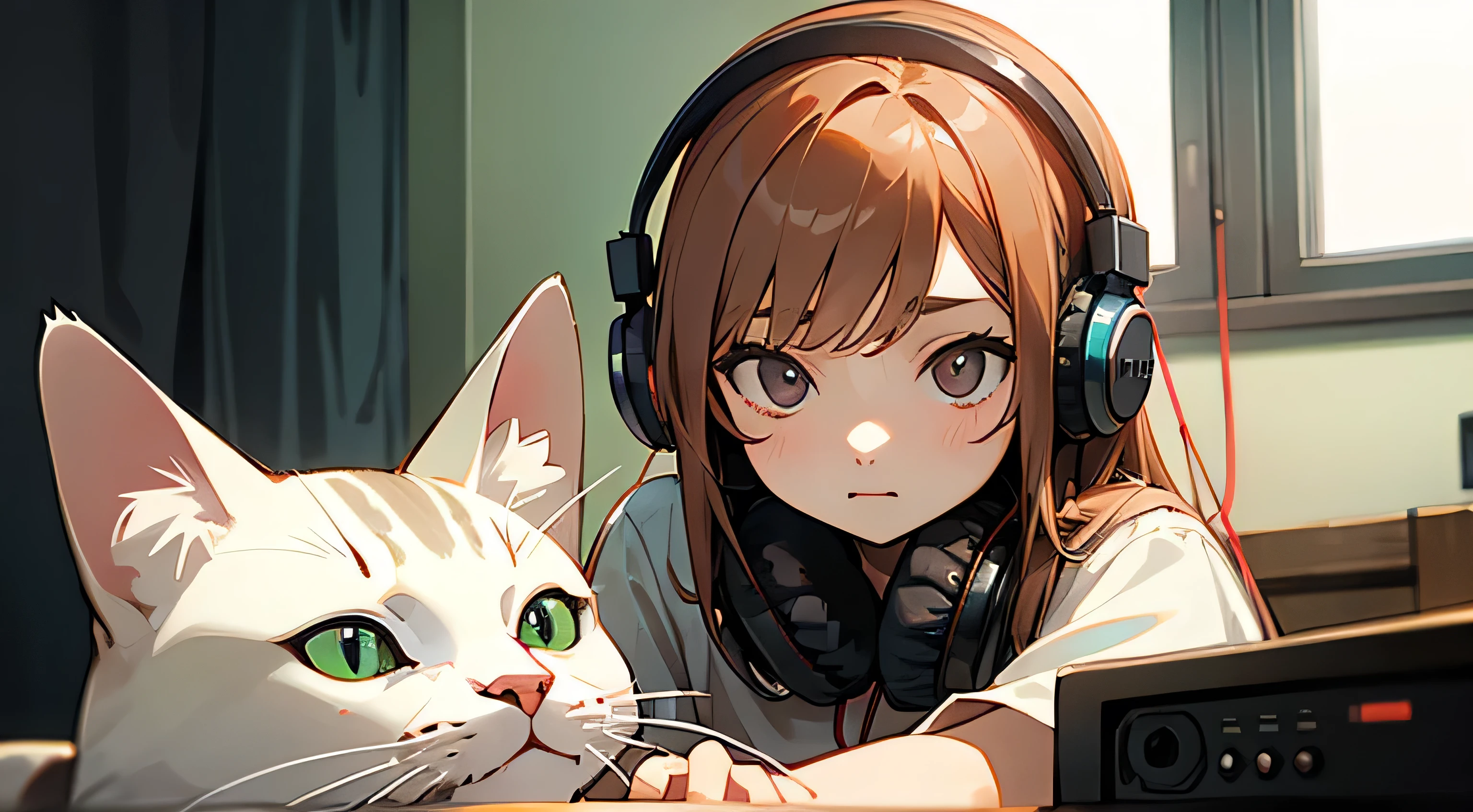Room with speakers、Cat with headphones、Upper body close-up