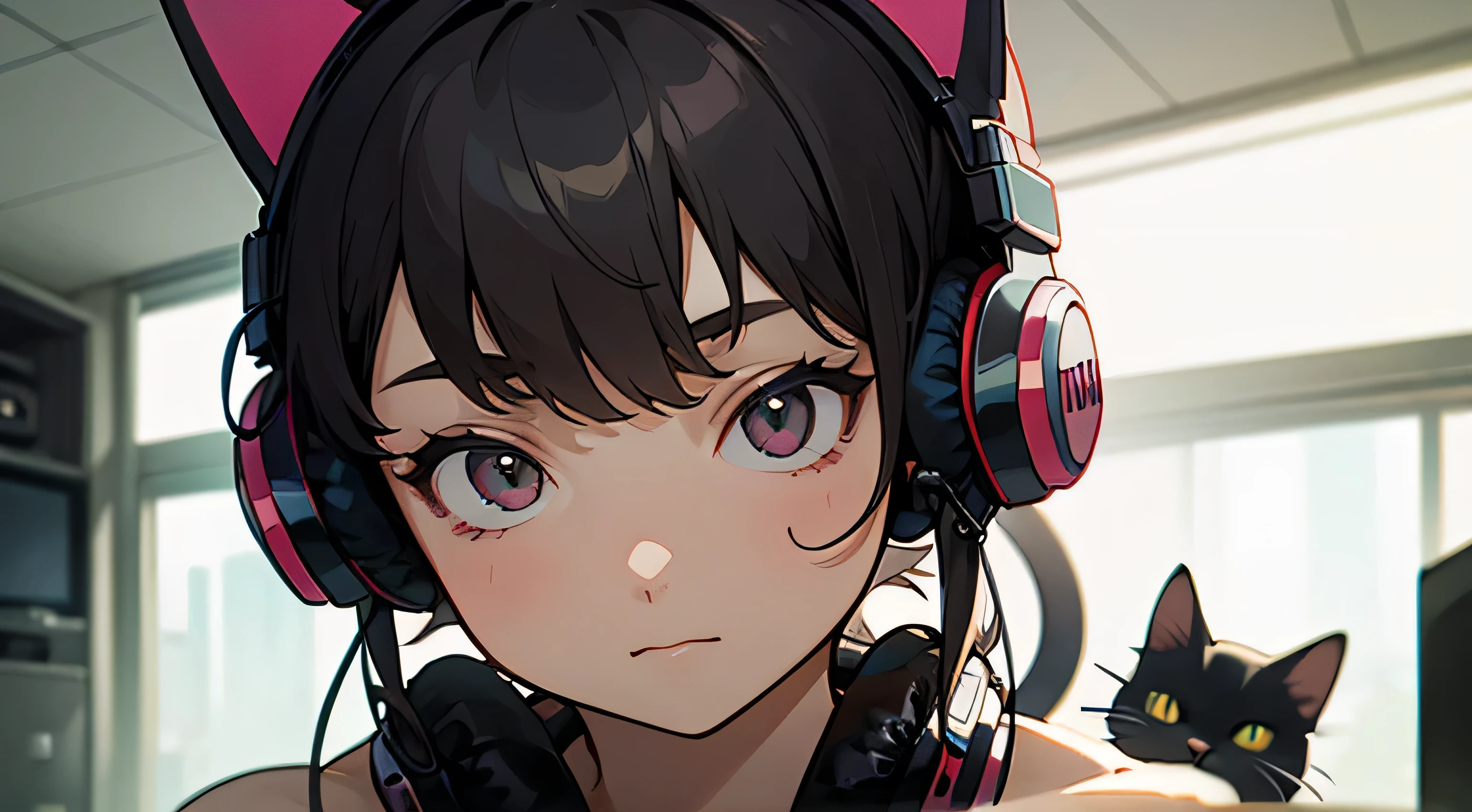 Room with speakers、Cat with headphones、Upper body close-up