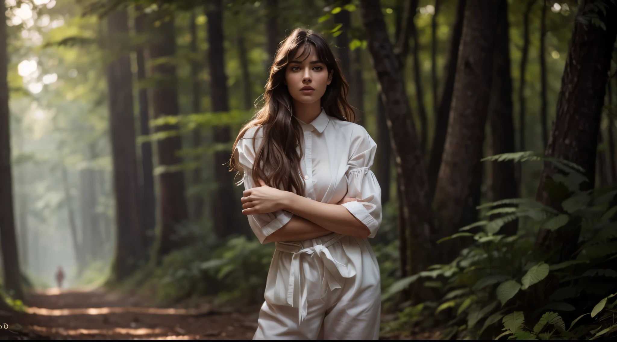 Surreal, Ultra HD, Attractive and sexy body shape , The surrounding environment is very vivid，HDR，Very high image quality，Cinematic Lenses. Natural Location, Natural Human ???????，A 20-year-old girl，Stand in the forest，Green，Tree，Sky，quiet，Photo of an Italian female model，Long hair，White clothing，Shooting in the style of the Canon EOS R5 at F2 and ISO400，Soft Light